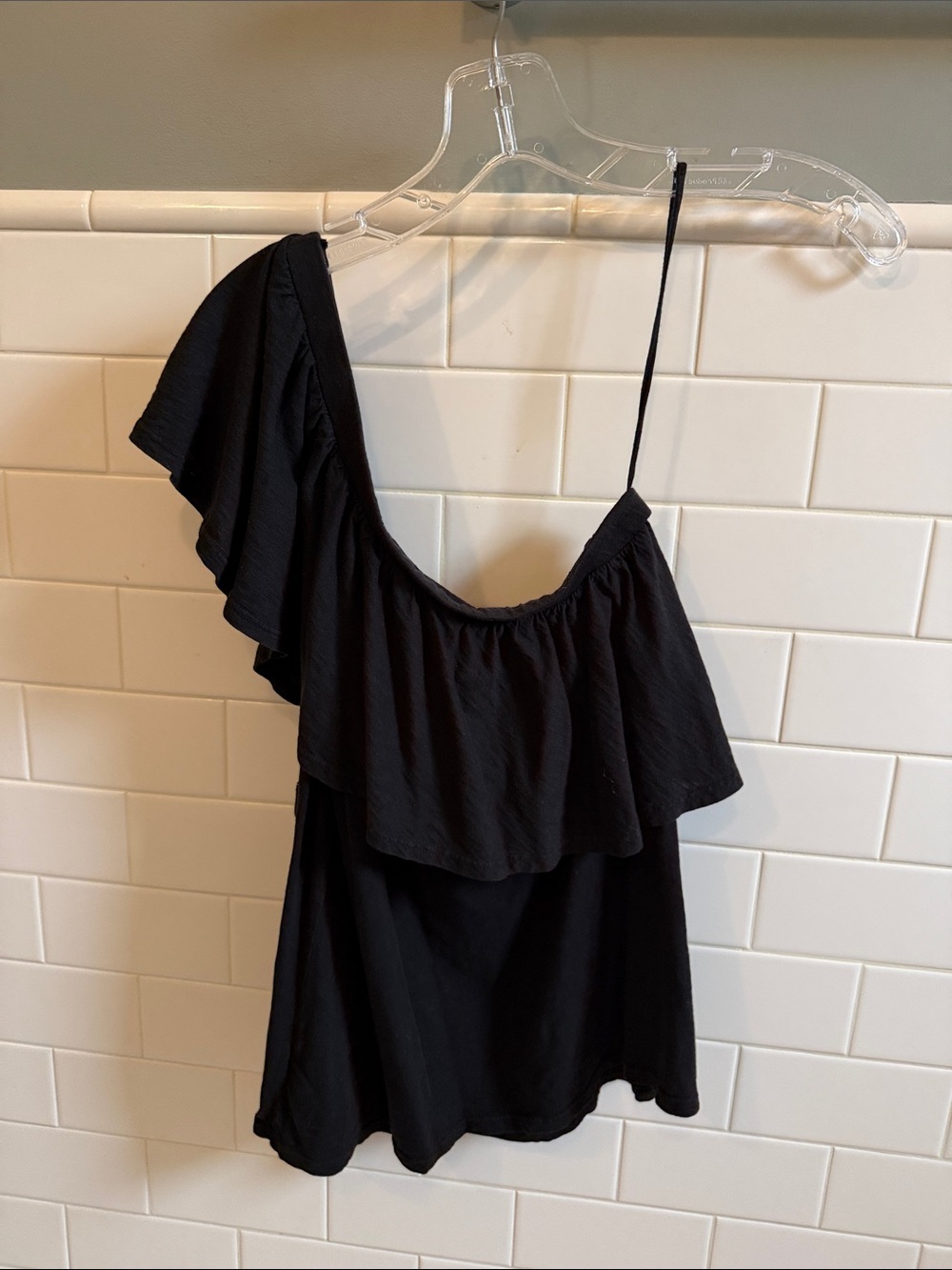Velvet Black One-Shoulder Ruffle Tank - Picture 4 of 7